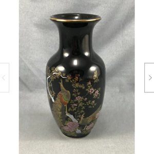 Vintage Vase PEACOCKS Asian Floral Design Black with Gold 6" Tall Japan